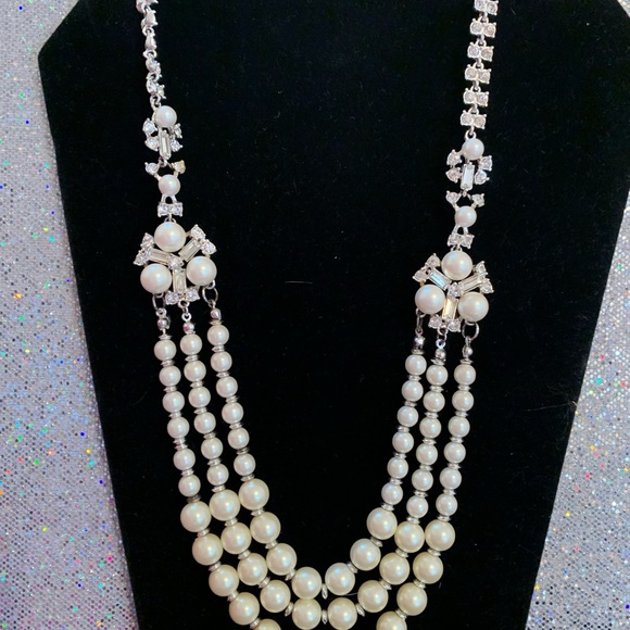 Faux Pearl and Rhinestone 3 Strand Necklace - Picture 2 of 11